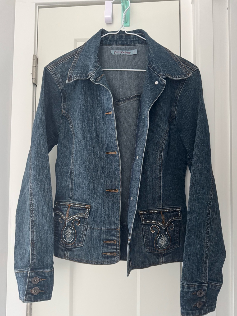 Dark Wash Tailored Denim Jean Jacket Embroidered Pocket Western Y2K